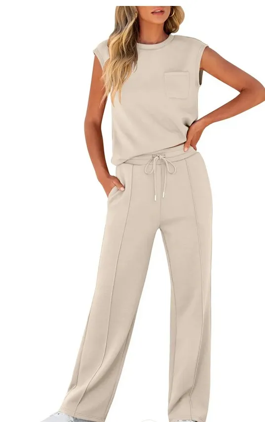 European And American Autumn And Winter New Sleeveless Casual High Elastic Loose Two piece Suit Women Apricot - Shop at LoveMi