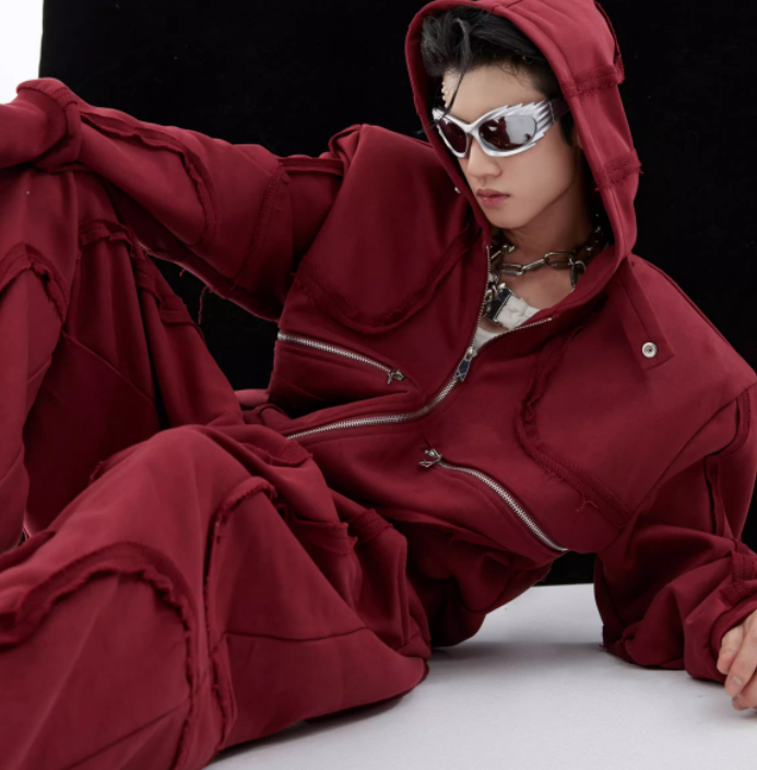 Deconstruct 3D Do Old Short Padded Shoulder Hoodie Red Tracksuit Jacket