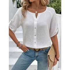 European And American Summer Women's Fashion Solid Colour Short Sleeve Button White Shirt - White - View 1