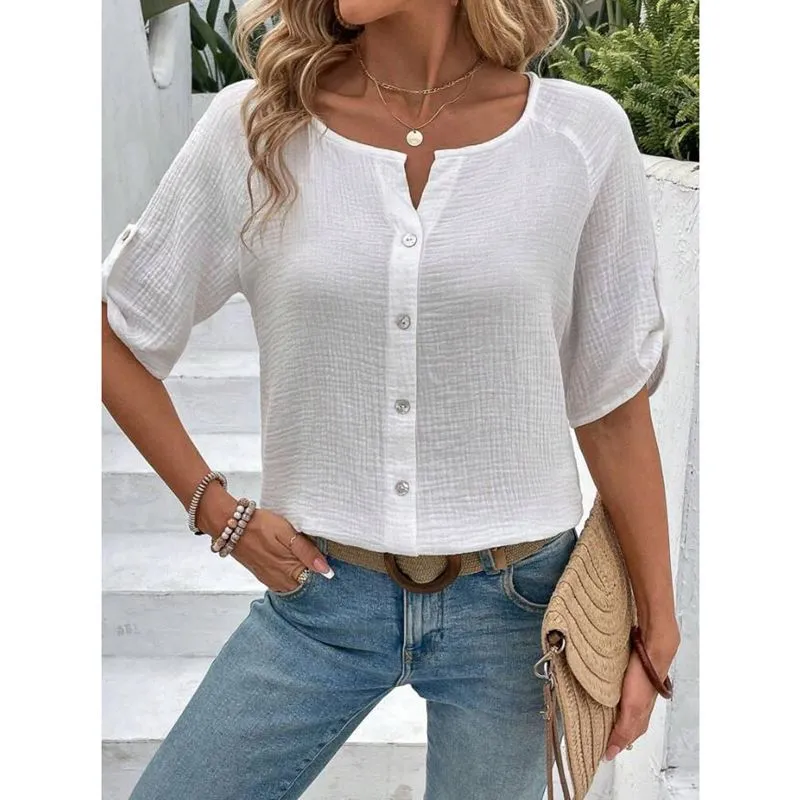 European And American Summer Women's Fashion Solid Color Short Sleeve Button White Shirt - White