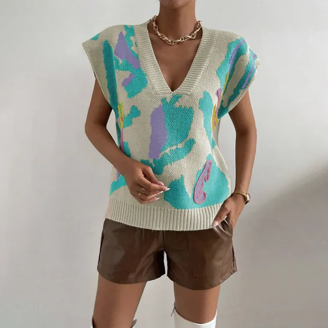 Knitted Vest V neck Thread Jacquard Vest Green - Shop at LoveMi