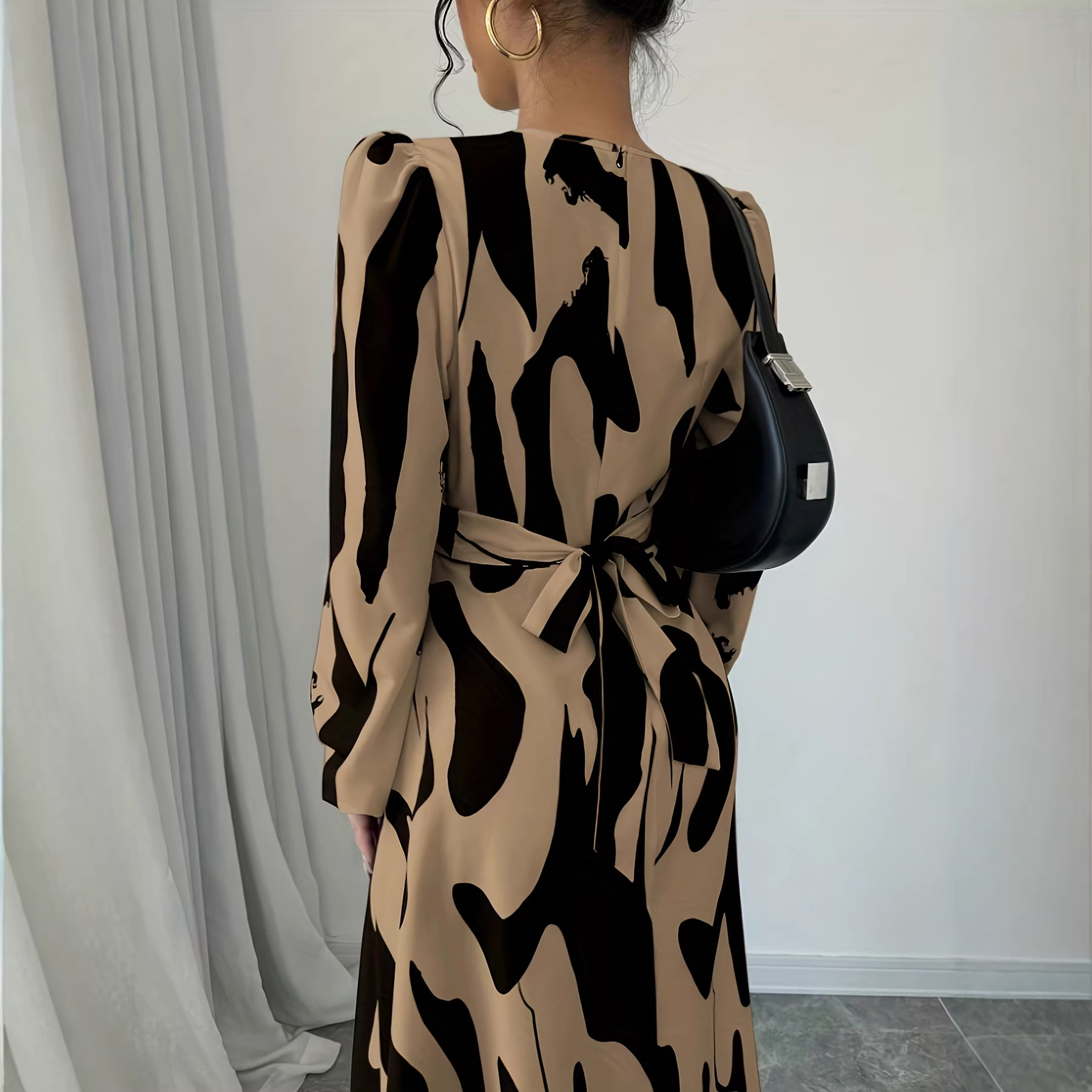 Womens Asymmetrical Printed Tie Bow-Detailed Elastic-Cuff Casual Resort Maxi Dress For Women