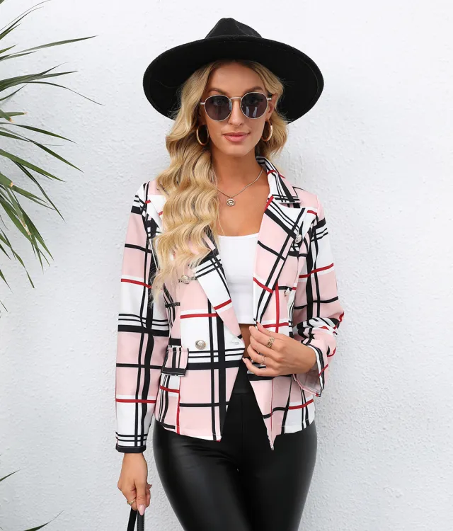 Women's Leopard Print Lapel Small Suit Long sleeved Jacket Pink Plaid - Shop at LoveMi