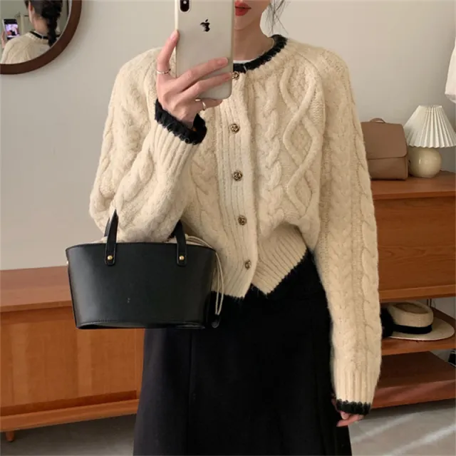 Round Neck Sweater Coat Autumn And Winter Loose And Lazy Style Short Small Knitted Cardigan Beige - Shop at LoveMi