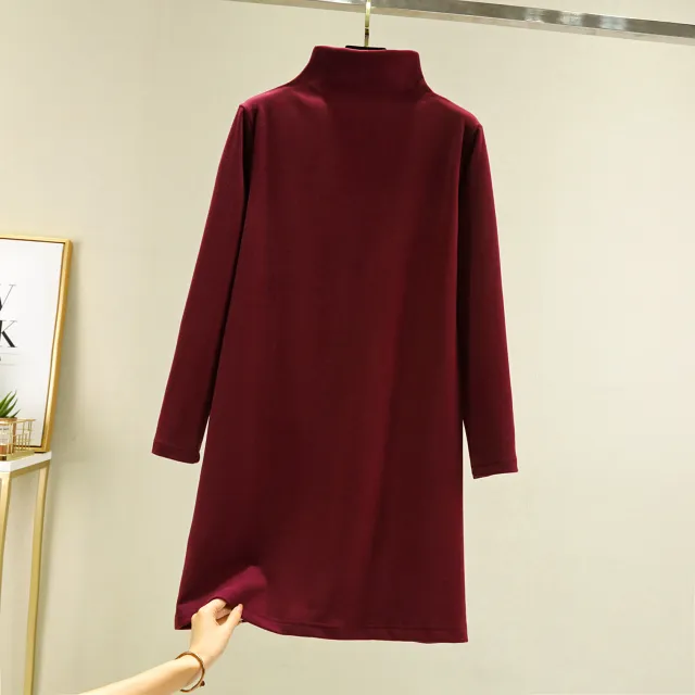 Loose Casual Long Sleeves Half high Collar Inner Match Mid length Dress Wine - Shop at LoveMi