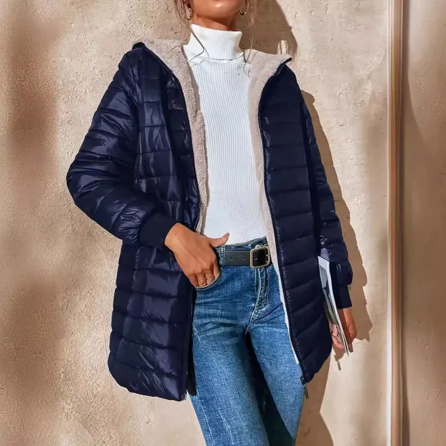 Mid length Loose Hooded Fleece lined Quilted Cotton Jacket Blue - Shop at LoveMi