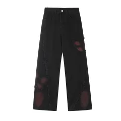 Sweet Cute Butterfly Wash Denim Trousers - Black - View 1