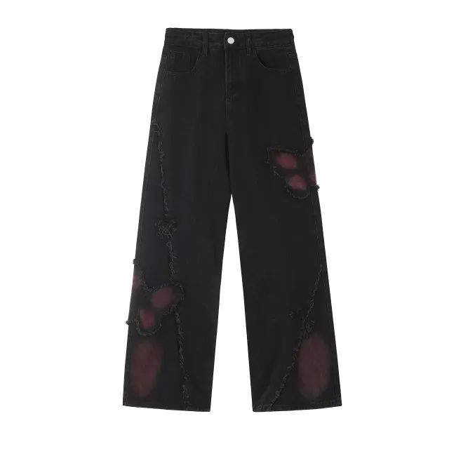 Sweet Cute Butterfly Wash Denim Trousers Black - Shop at LoveMi