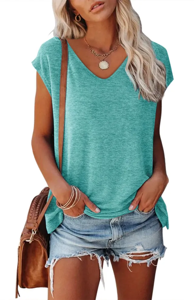 Women's Cap Sleeve V neck Solid Color Casual Loose fitting T shirt Light Green - Shop at LoveMi