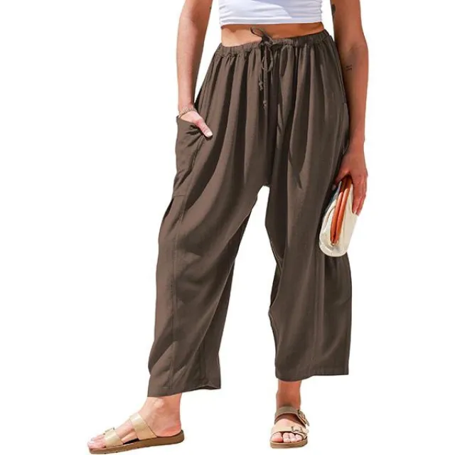 High Waist Wide Leg Loose Harem Cotton And Linen Trousers Coffee - Shop at LoveMi