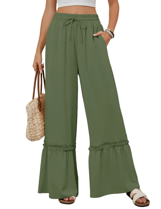 Solid Color High Waist Casual Pants Women's Drawstring Wide Leg Pants Army Green - Shop at LoveMi