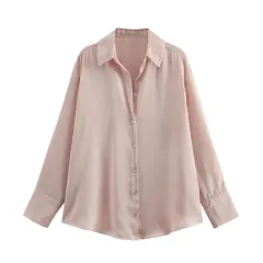 All-match Silk Satin Texture Draping Long-sleeved Shirt For Women - Pink - View 1