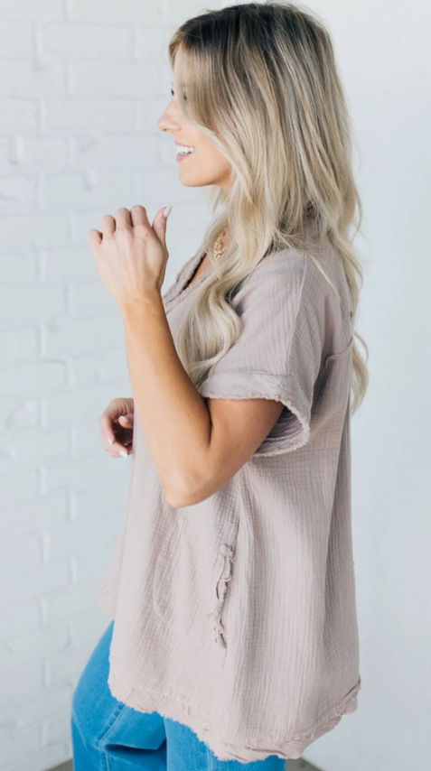 Summer New Solid Color And V neck Cotton And Linen Loose fitting Casual T shirt Women Light Brown - Shop at LoveMi