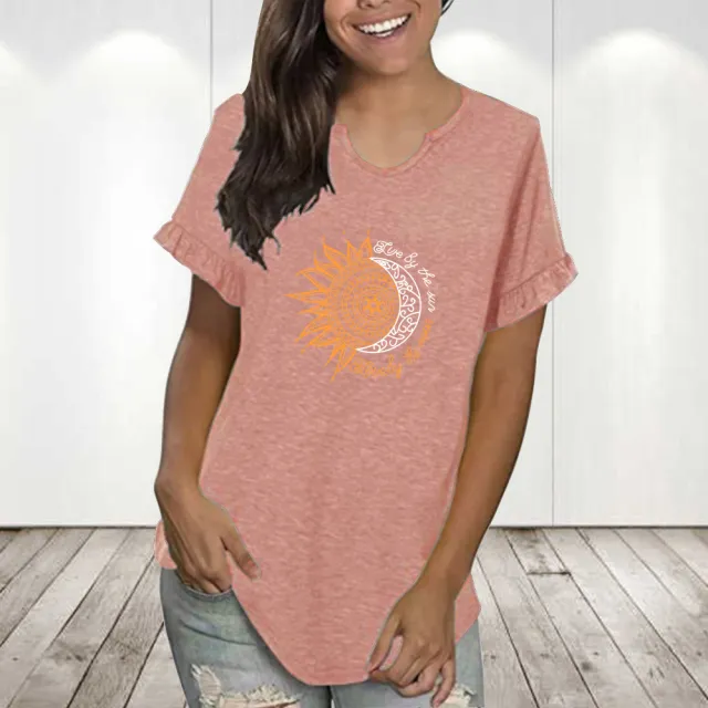 Round Neck Pleated Lace Personalized Printing Series Short Sleeve Pink1080 - Shop at LoveMi