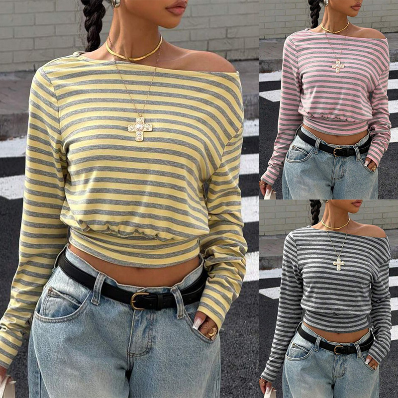 Striped Crew-neck Waist-cinched Womens Long-sleeve Top