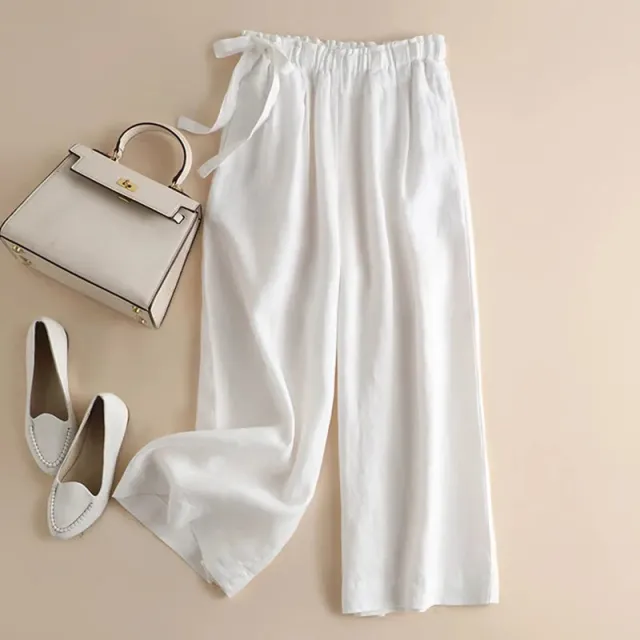 High Waist Side Lace up Retro Art Elastic waist Casual Pants For Women White - Shop at LoveMi