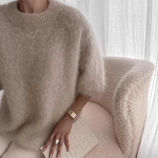 Womens Casual Solid color Loose fitting Cozy Plush Long sleeve Sweater Beige - Shop at LoveMi