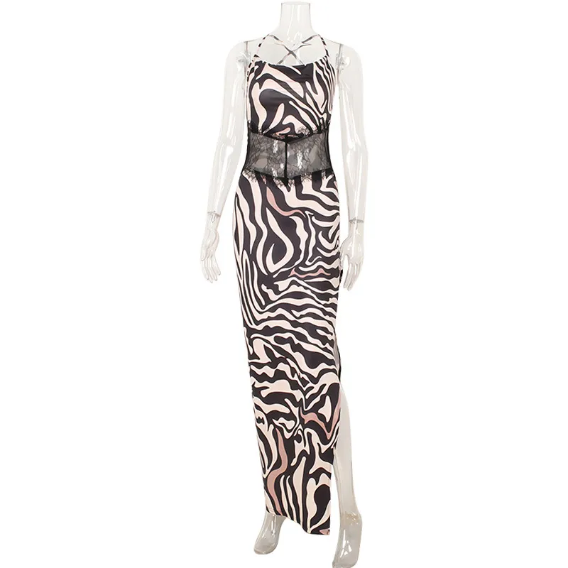 Fashionable Printed Patchwork Backless Slip Dress With Slit - Brown