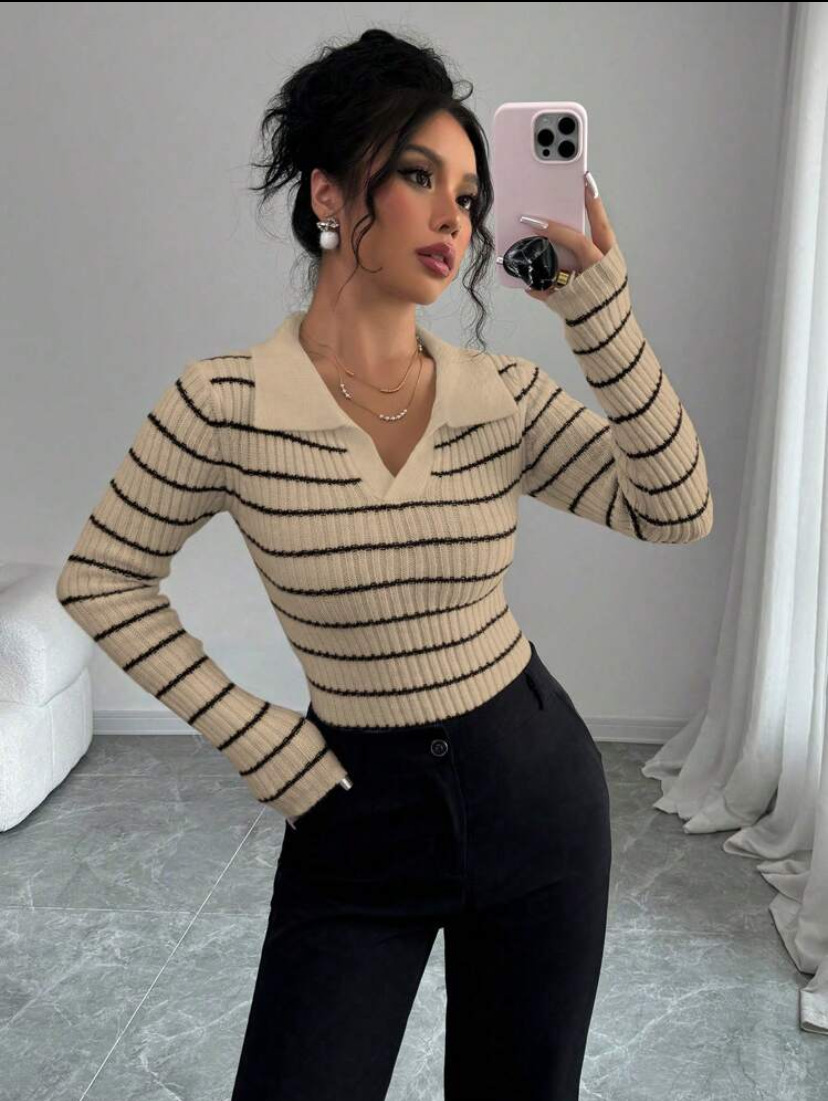 Striped Long Sleeve T-shirt Slim Fit Base Knitting Women - Image 10