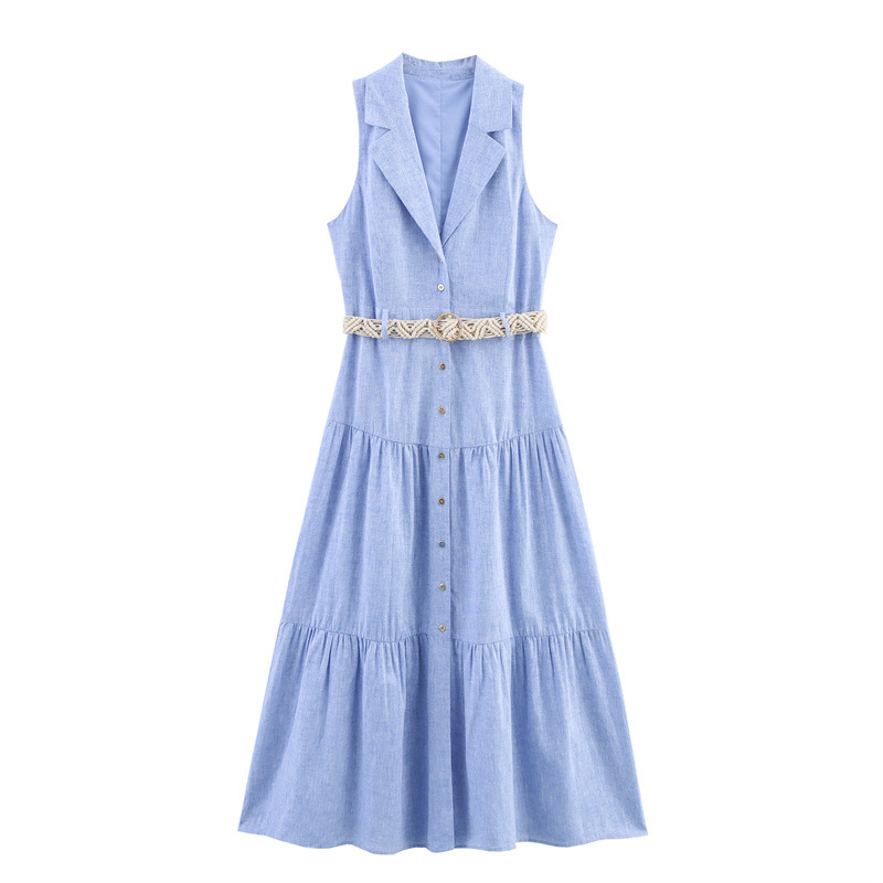 Summer With Belt Linen Blend Midi Skirt Sleeveless Dress - Shop at LoveMi