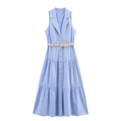 Summer With Belt Linen Blend Midi Skirt Sleeveless Dress - View 1