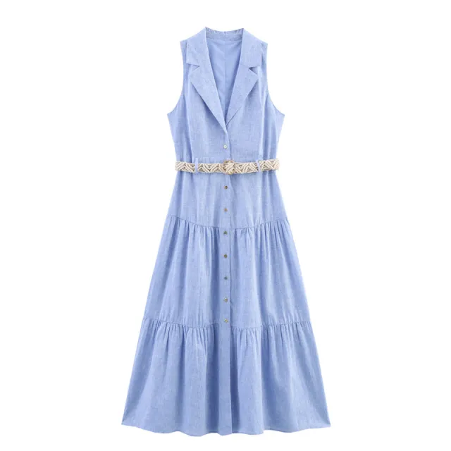 Summer With Belt Linen Blend Midi Skirt Sleeveless Dress - Shop at LoveMi