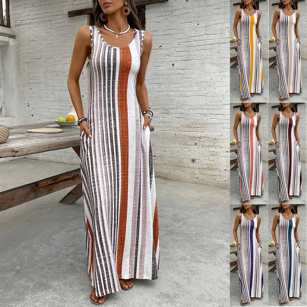 Womens European And American-style Striped Sleeveless Long Dress