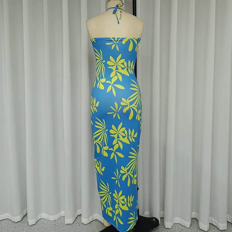Printing Halter Cut-out Split Long Dress