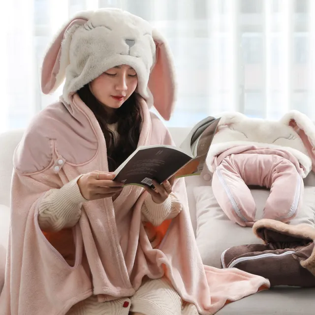 Multifunctional Cartoon Hooded U shape Pillow Neck Pillow Office Nap Shawl Pink Bunny - Shop at LoveMi