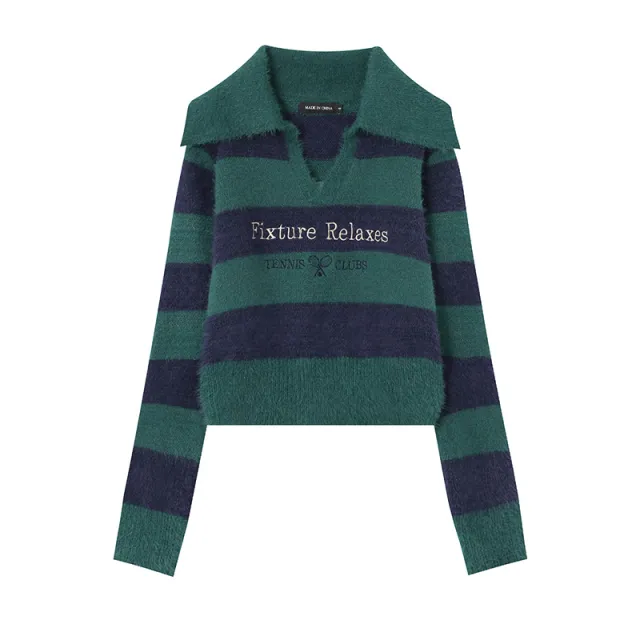 Striped Short Style Sweater Loose Korean Style Lazy Style Green - Shop at LoveMi