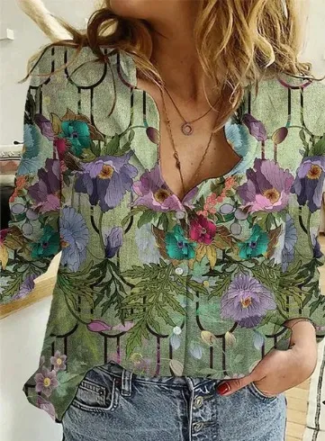 Women's Printed Casual Long Sleeve Shirt - Style 18-Xxxxl