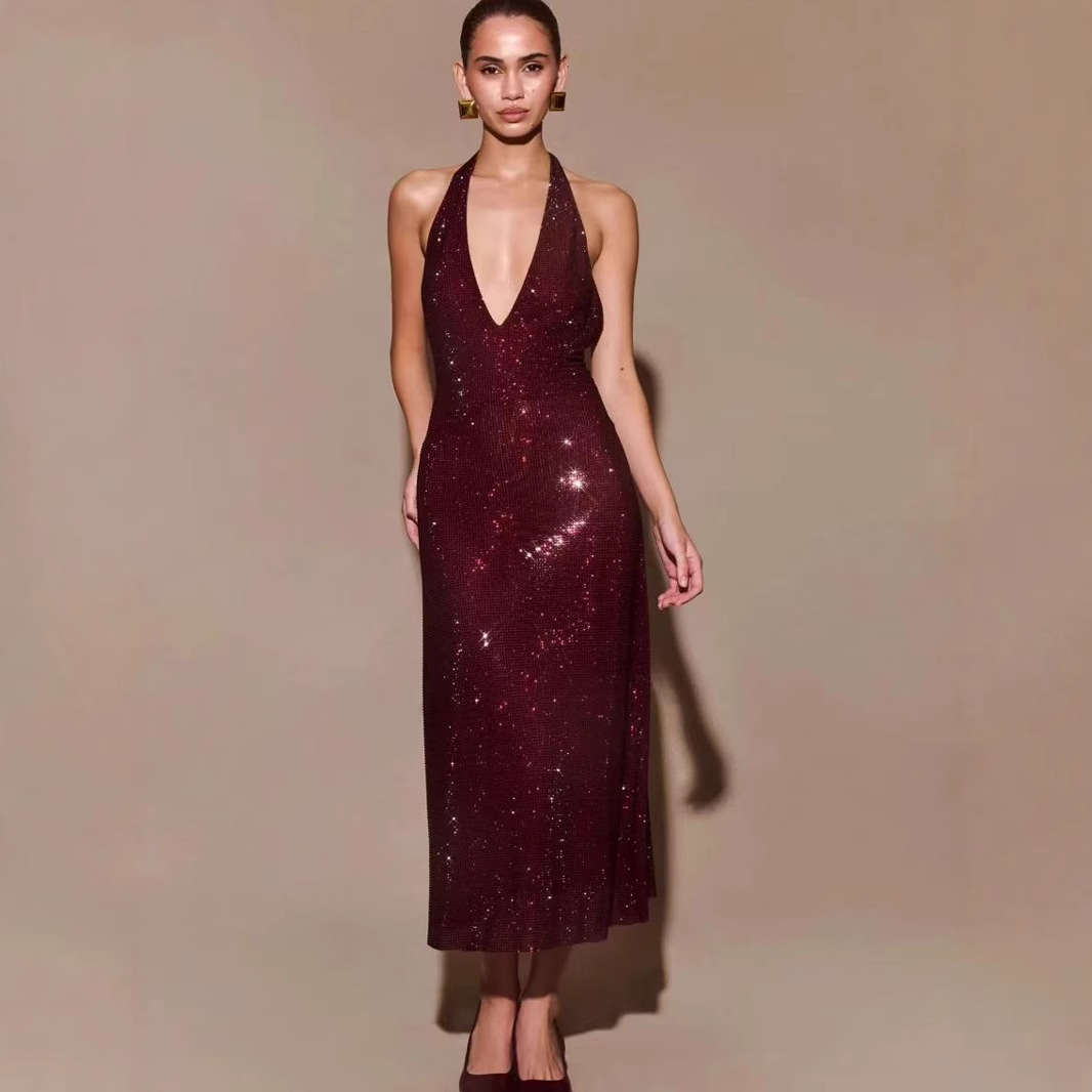 Women's Fashion Deep V-neck Prom Sequin Sling Formal Dress