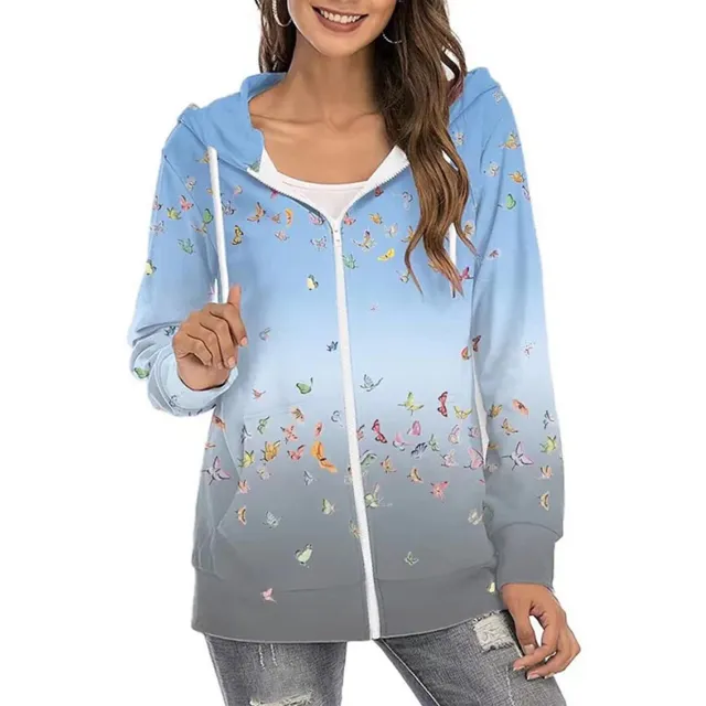 Women's Printed Hoodie Zipper Commuter Gradient Coat Blue Gradient - Shop at LoveMi