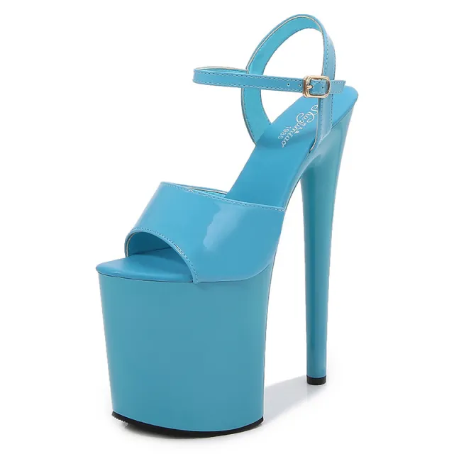 Patent Leather 20cm Extra High Heels Stiletto Peep toe Platform Platform Super High Sandals Blue - Shop at LoveMi