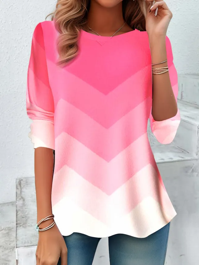 European And American Round Neck Long Sleeve Striped Tie dye Temperament Leisure T shirt Top Red - Shop at LoveMi