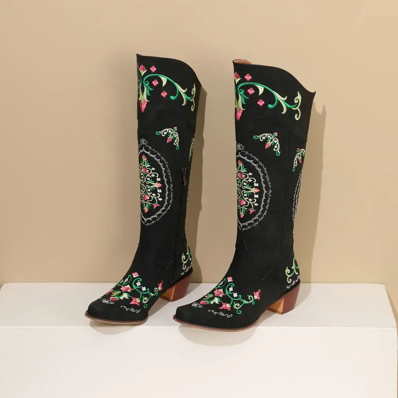 Chunky-Heel Retro Embroidered Side-Zip Colorblock Western Mid-Calf