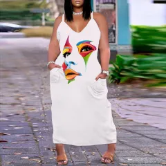 European And American Sexy V-neck Loose Slim Strap Midi Plus Size Printed Dress - White - View 1