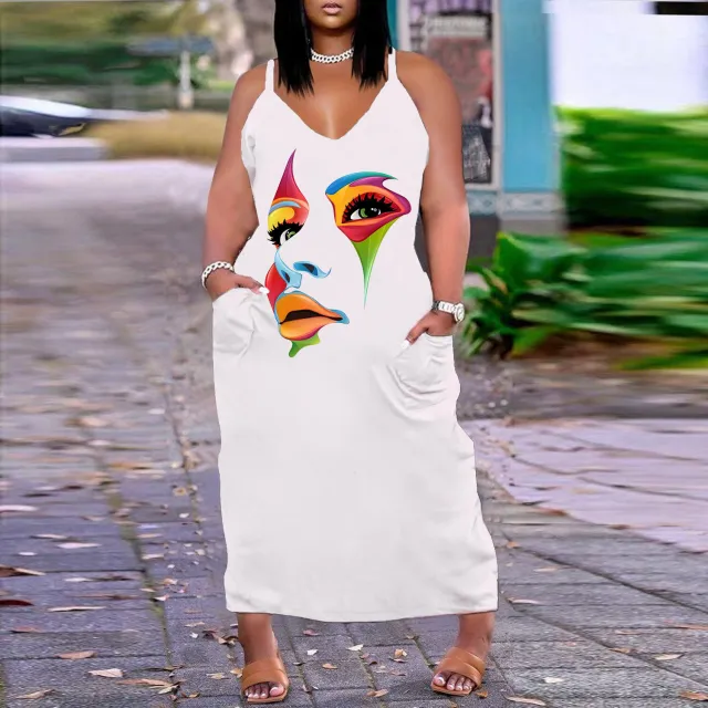 European And American Sexy V neck Loose Slim Strap Midi Plus Size Printed Dress White - Shop at LoveMi
