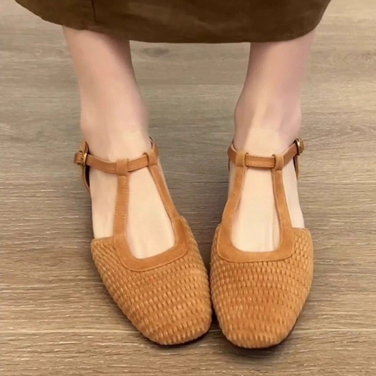 Sheepskin Vintage Versatile Woven Block-heel Closed-toe Shoes