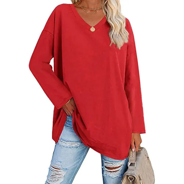 Oversized Women's T shirt Loose Shoulder Sleeve V neck Top Red - Shop at LoveMi