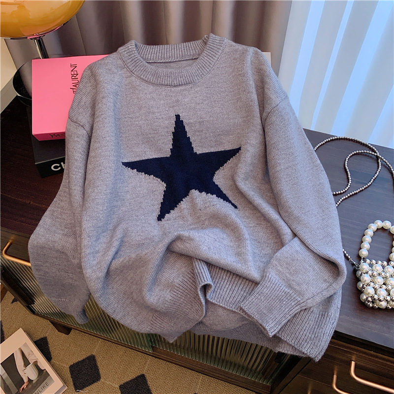 Title 5, Idle Style Five-pointed Star Crew Neck Pullover...