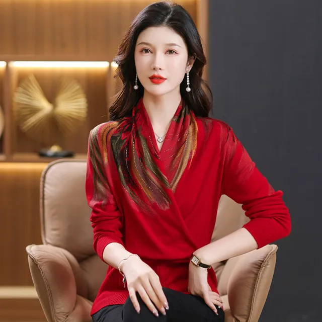 Middle aged Mother Printed Sweater Women Red - Shop at LoveMi