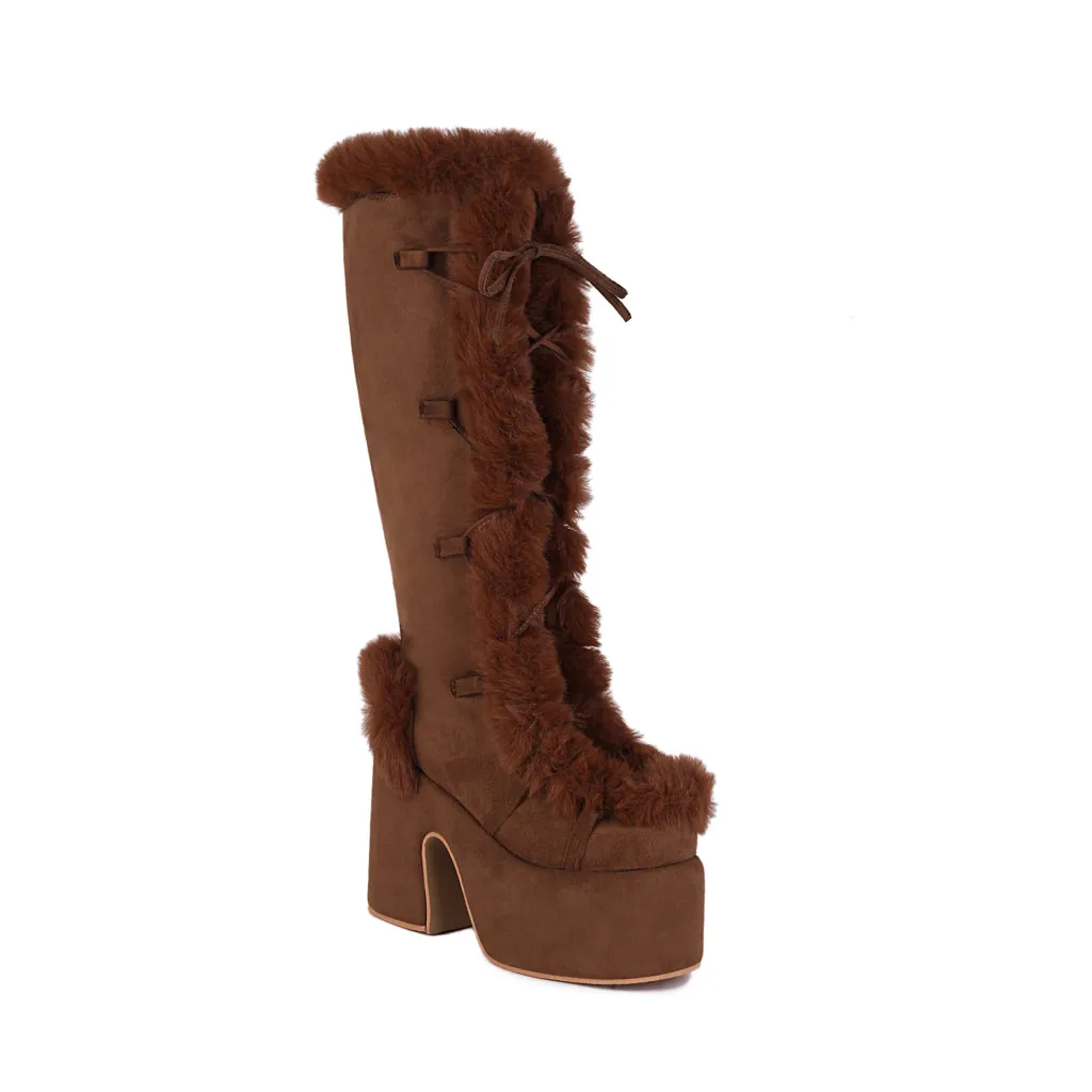 Fur Boots Platform Platform High Heel Women's High Boots - Brown