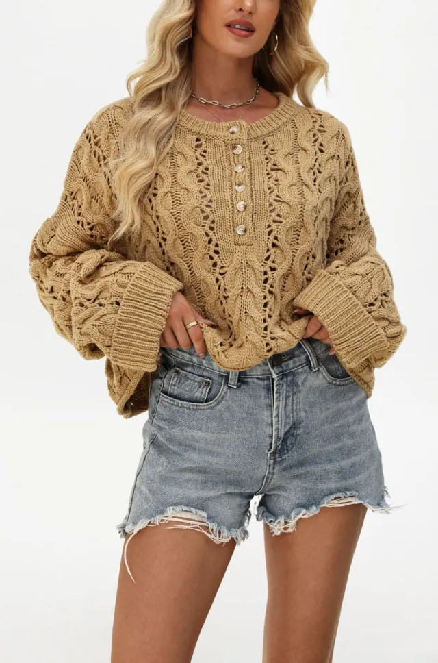 Loose Solid Color Pullover Short Knitted Button Sweater Khaki - Shop at LoveMi