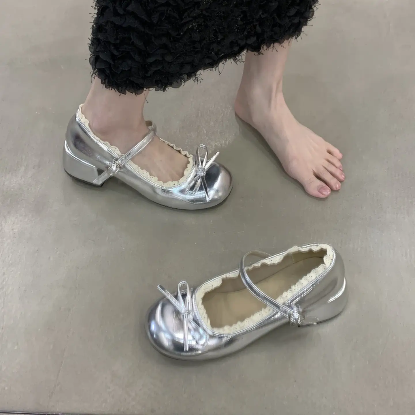 Womens French Lace Bow Mary Jane Shoes