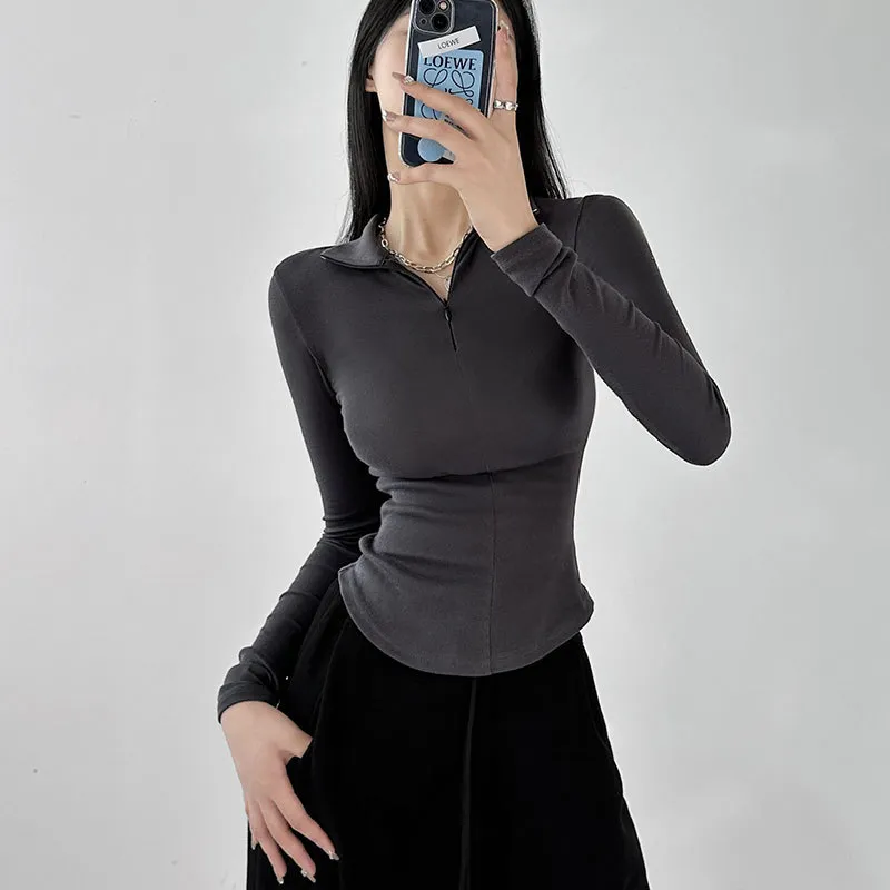 Slim Fit Show Thin Black Hot Girl Polo Collar Top