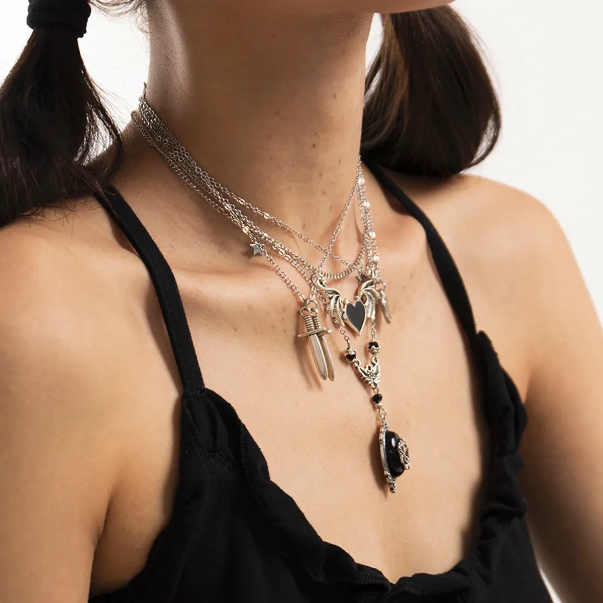 Dark Trendy Cool Heart Wings Necklace