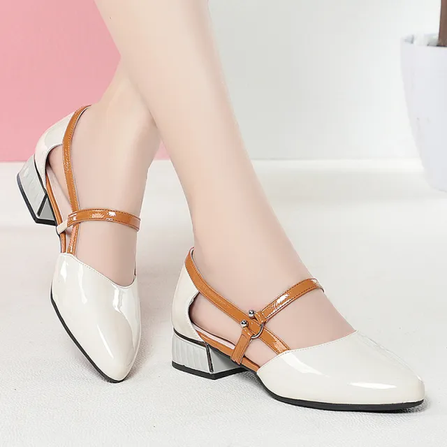 Bright Leather Soft Bottom Contrast Color Hollow Leather Shoes Women's Sandals Beige - Shop at LoveMi