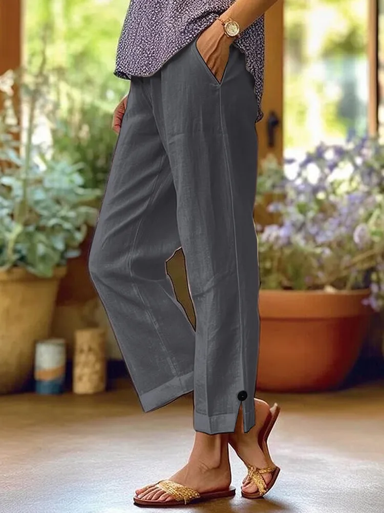 Cotton And Linen Loose Pure Colour Elastic Waist Pocket Straight Casual Pants - Grey