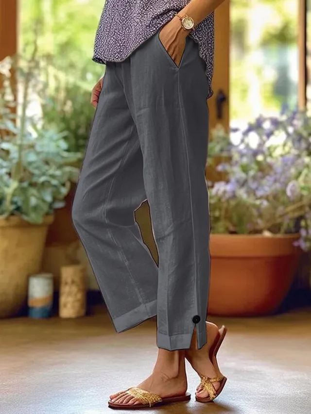 Cotton And Linen Loose Pure Color Elastic Waist Pocket Straight Casual Pants Gray - Shop at LoveMi